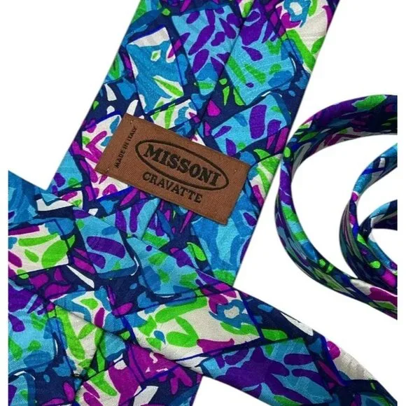 MISSONI Men's 100% Silk Necktie LUXURY Tie Blue Purple Green Art W:3.8" EUC
